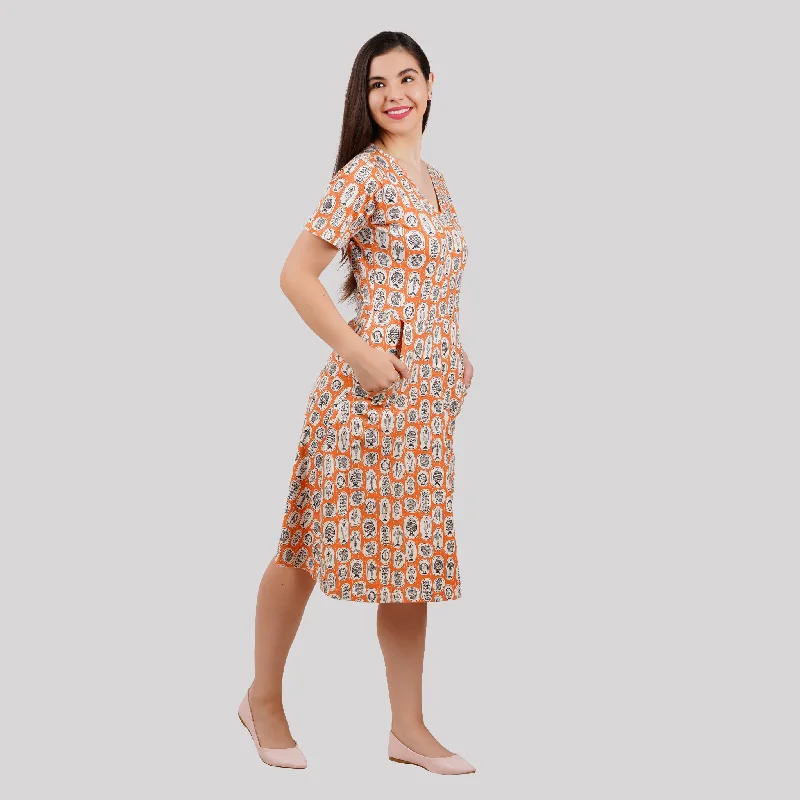 Terracotta Fish Plates A-Line Dress (With Waist Seam) [FINAL SALE]