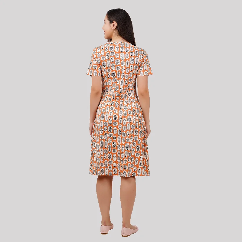 Terracotta Fish Plates A-Line Dress (With Waist Seam) [FINAL SALE]