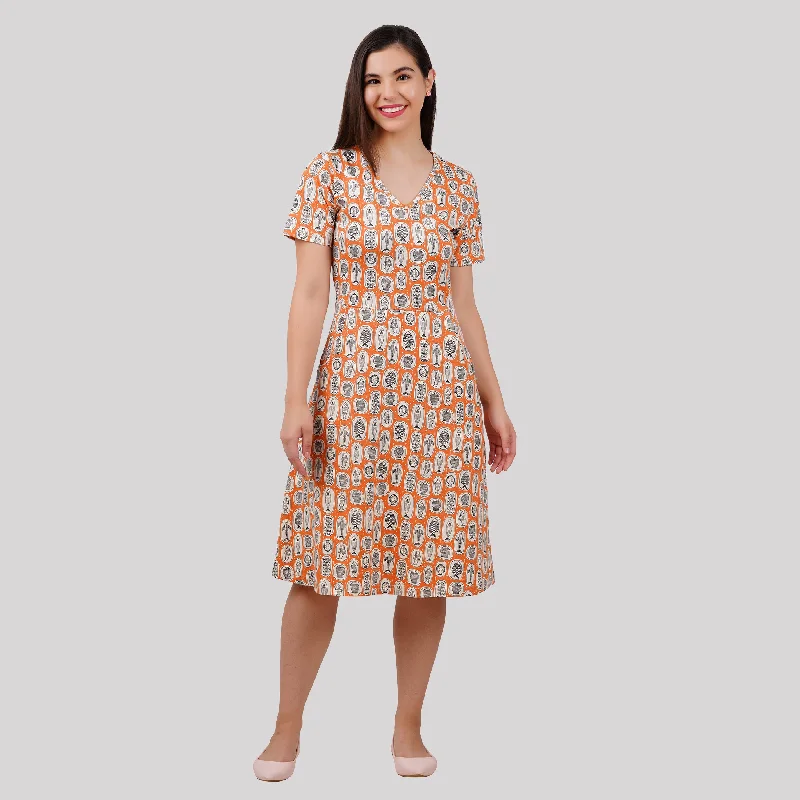 Terracotta Fish Plates A-Line Dress (With Waist Seam) [FINAL SALE]