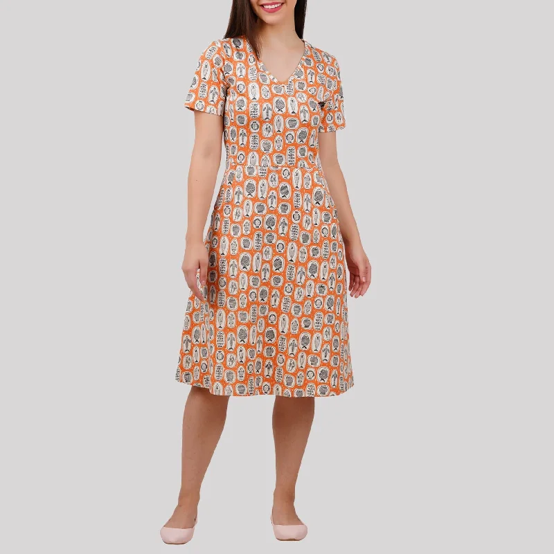 Terracotta Fish Plates A-Line Dress (With Waist Seam) [FINAL SALE]