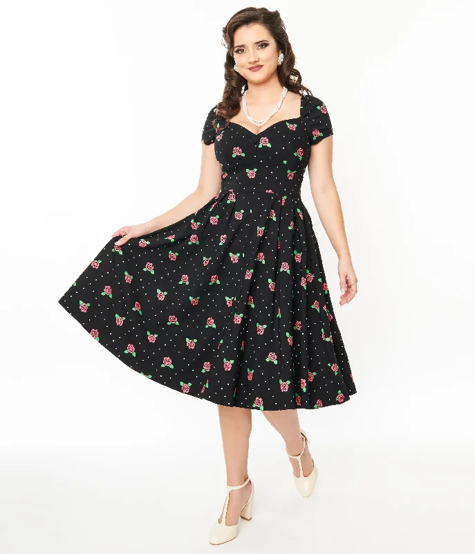 Unique Vintage 1950s Black & Rose Stamp Midge Swing Dress