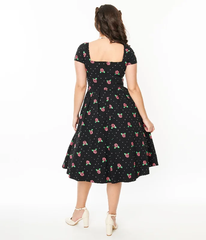 Unique Vintage 1950s Black & Rose Stamp Midge Swing Dress