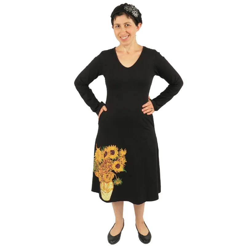 Van Gogh Sunflowers Long Sleeve A-Line Dress (No Waist Seam)