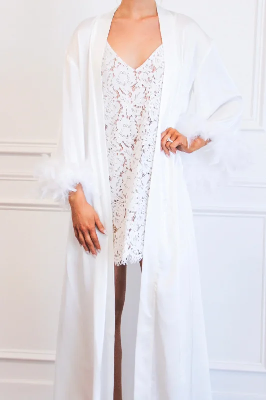 Wedding Day Satin Feather Long Robe: White