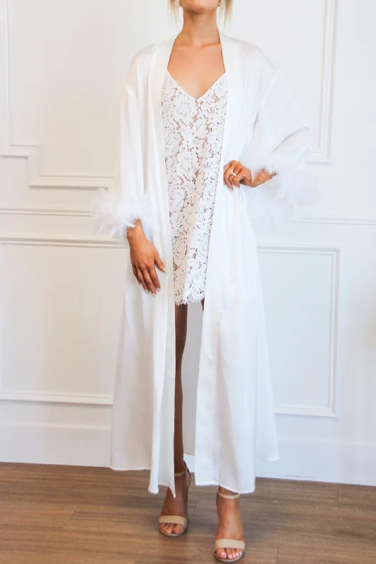 Wedding Day Satin Feather Long Robe: White