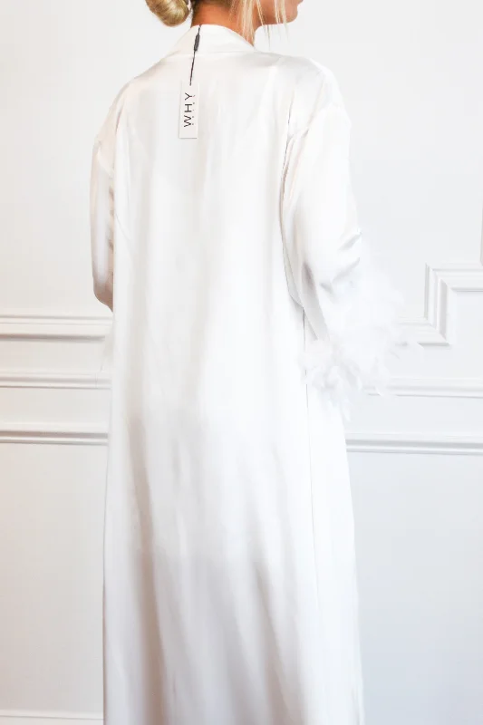 Wedding Day Satin Feather Long Robe: White