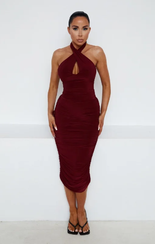 Wine Slinky Halter Neck Cut Out Bodycon Midi Dress - Darcie