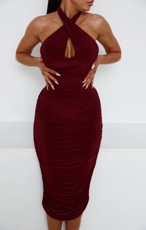 Wine Slinky Halter Neck Cut Out Bodycon Midi Dress - Darcie