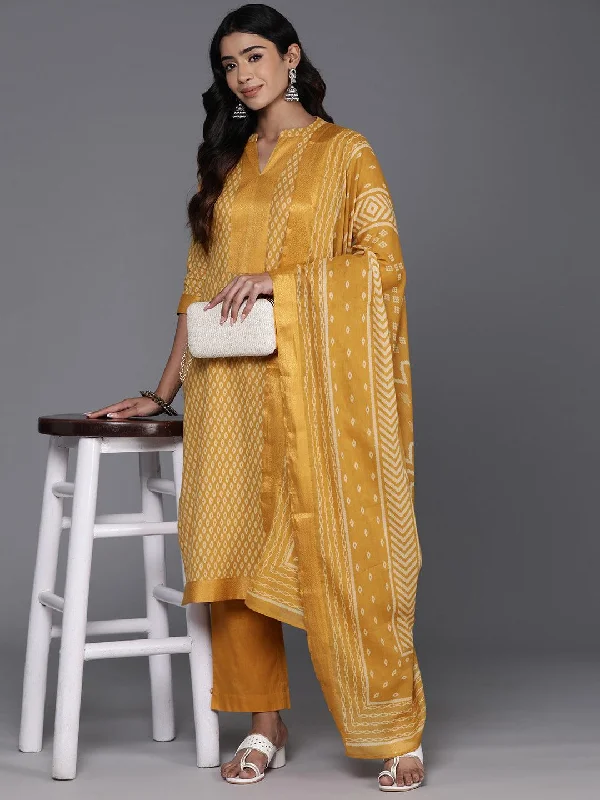 Yellow Printed Cotton Straight Suit With Dupatta