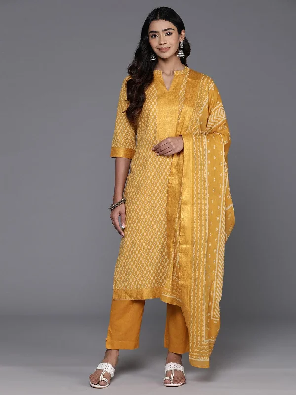 Yellow Printed Cotton Straight Suit With Dupatta