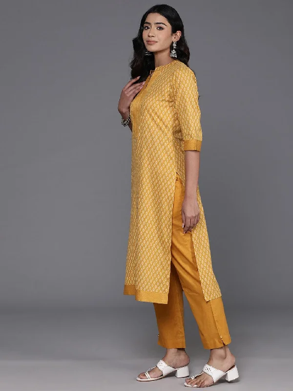 Yellow Printed Cotton Straight Suit With Dupatta