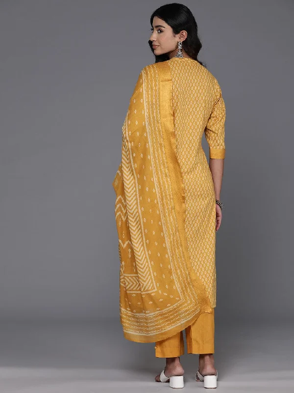 Yellow Printed Cotton Straight Suit With Dupatta