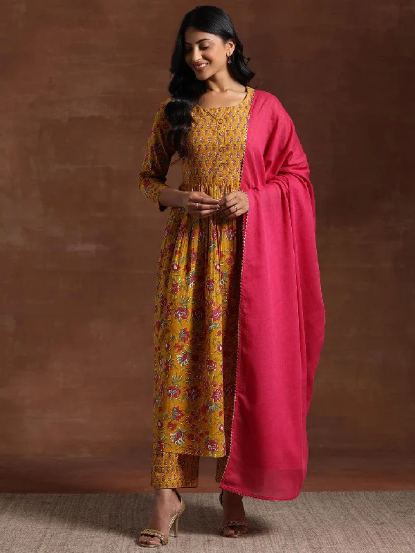 Yellow Printed Pure Cotton Anarkali Suit With Dupatta