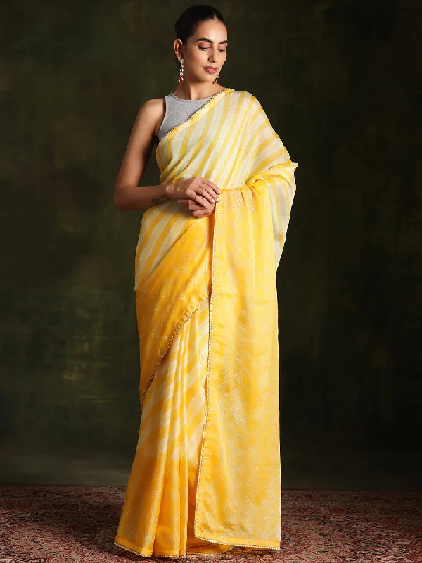 Yellow Printed Silk Blend Saree With Unstitched Blouse Piece