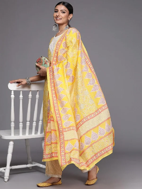 Yellow Printed Silk Blend Straight Suit Set