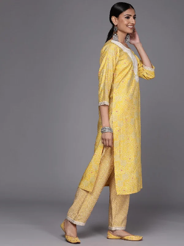 Yellow Printed Silk Blend Straight Suit Set