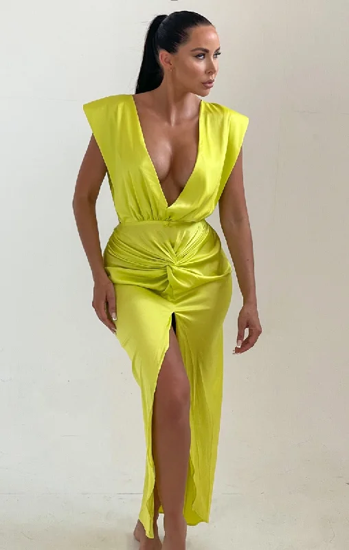 Yellow Satin V Neck Open Back Front Twist Maxi Dress - Adalee