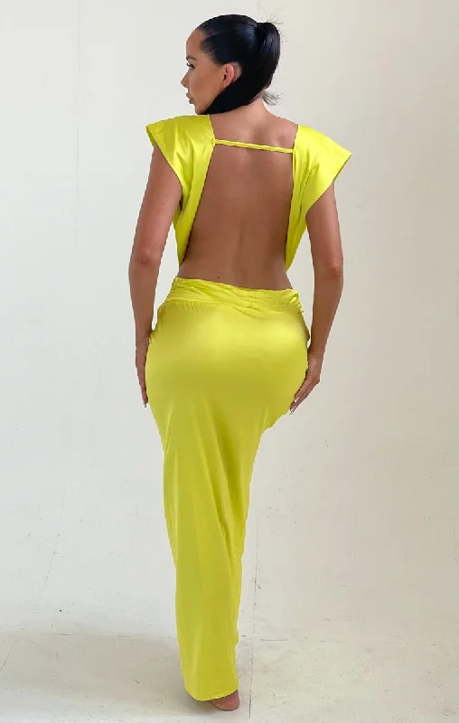 Yellow Satin V Neck Open Back Front Twist Maxi Dress - Adalee