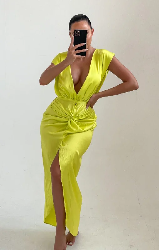 Yellow Satin V Neck Open Back Front Twist Maxi Dress - Adalee