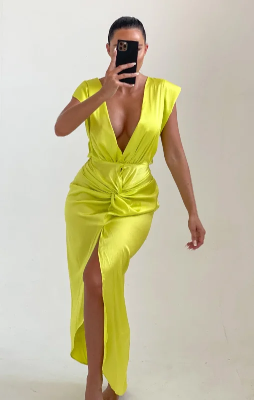 Yellow Satin V Neck Open Back Front Twist Maxi Dress - Adalee