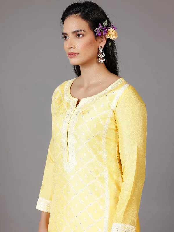 Yellow Woven Design Silk Blend Straight Suit With Dupatta